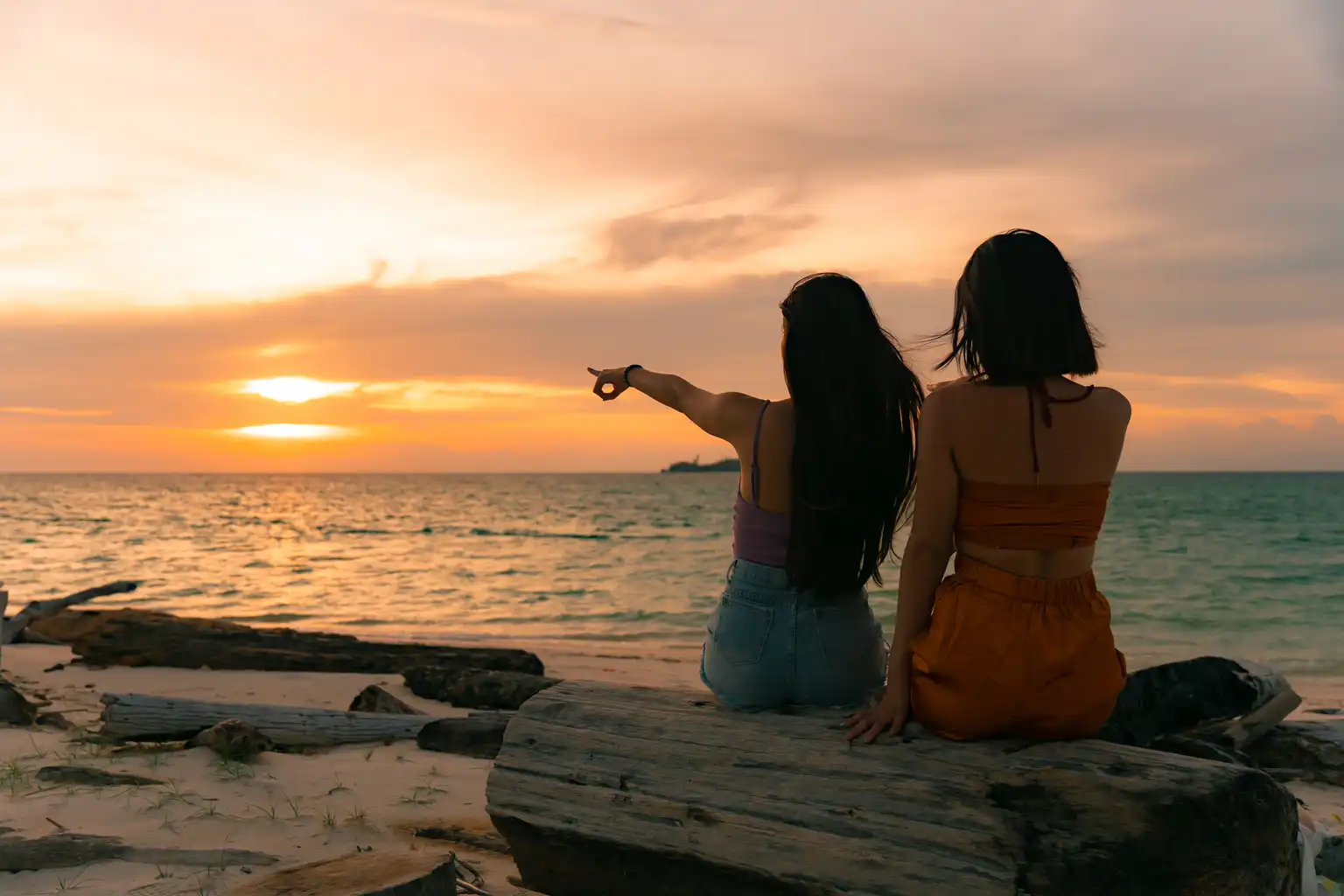 Two women sitting on a log at the beach, pointing at a sunset over the ocean.